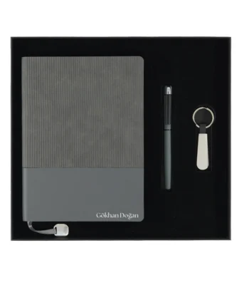 Gri Dokulu Defter Kalem Anahtarlık Set
